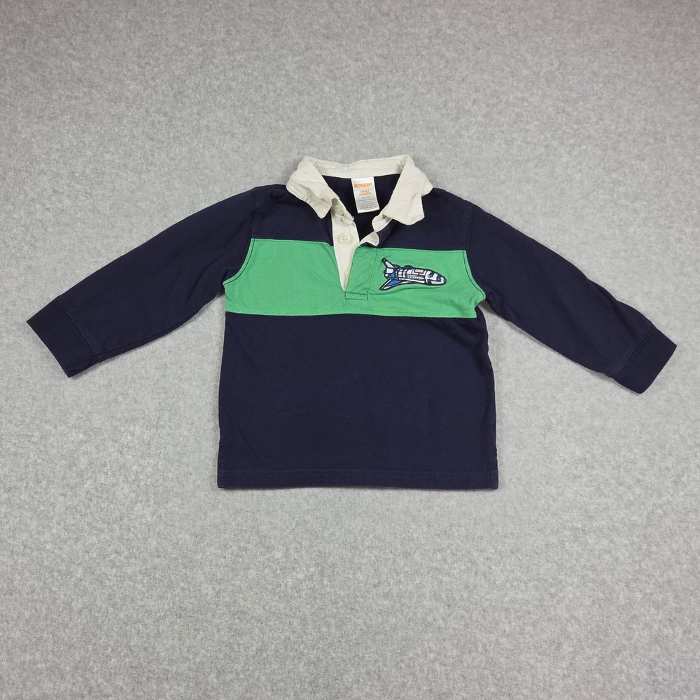 Gymboree Boys Blue Green Space Shuttle Long Sleeve Rugby Shirt 18-24M Preppy